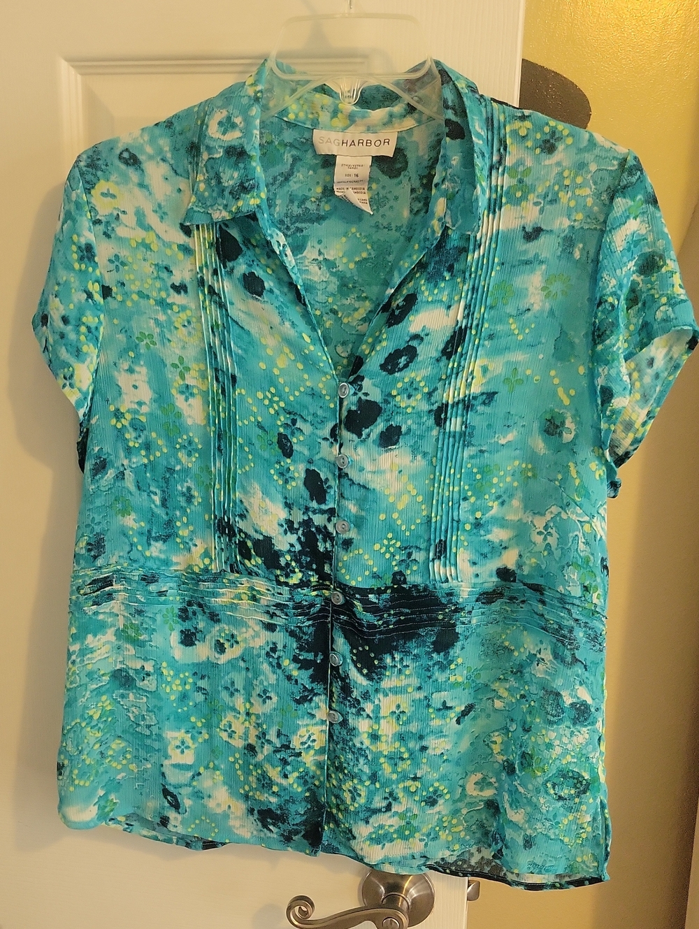 Sag Harbor Sz16 Semi Sheer Turq Blue Short-Sleeve button down Printed Blouse